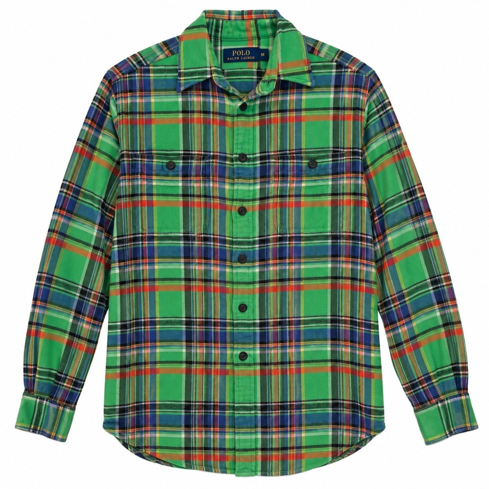 Polo Ralph Lauren Flannel Shirt Mens M Green Plaid Long Sleeve Cotton Cabin Prep